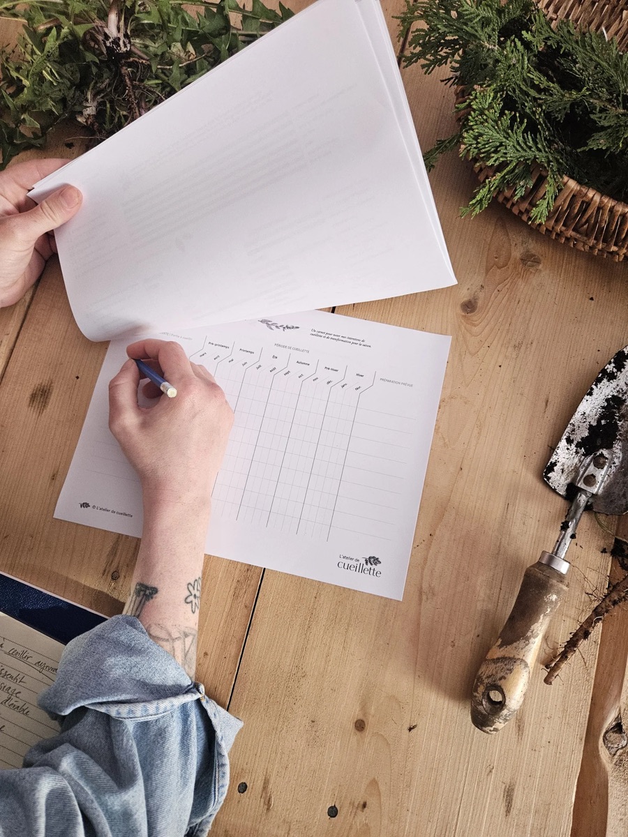 Main qui remplit le calendrier de cueillette sur une table de bois