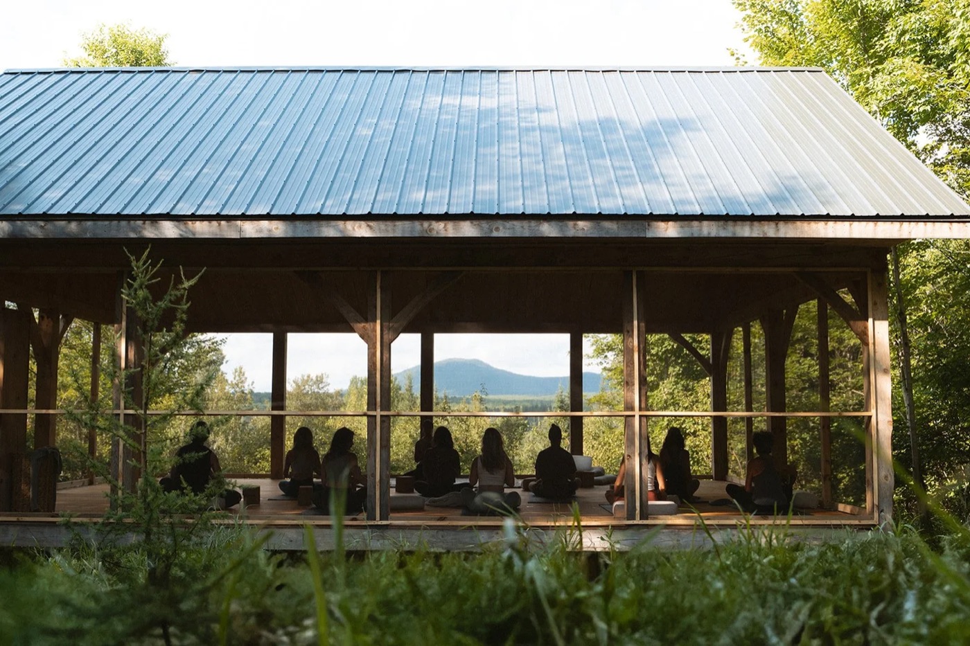 Studio vitré au milieu de la forêt, groupe en séance